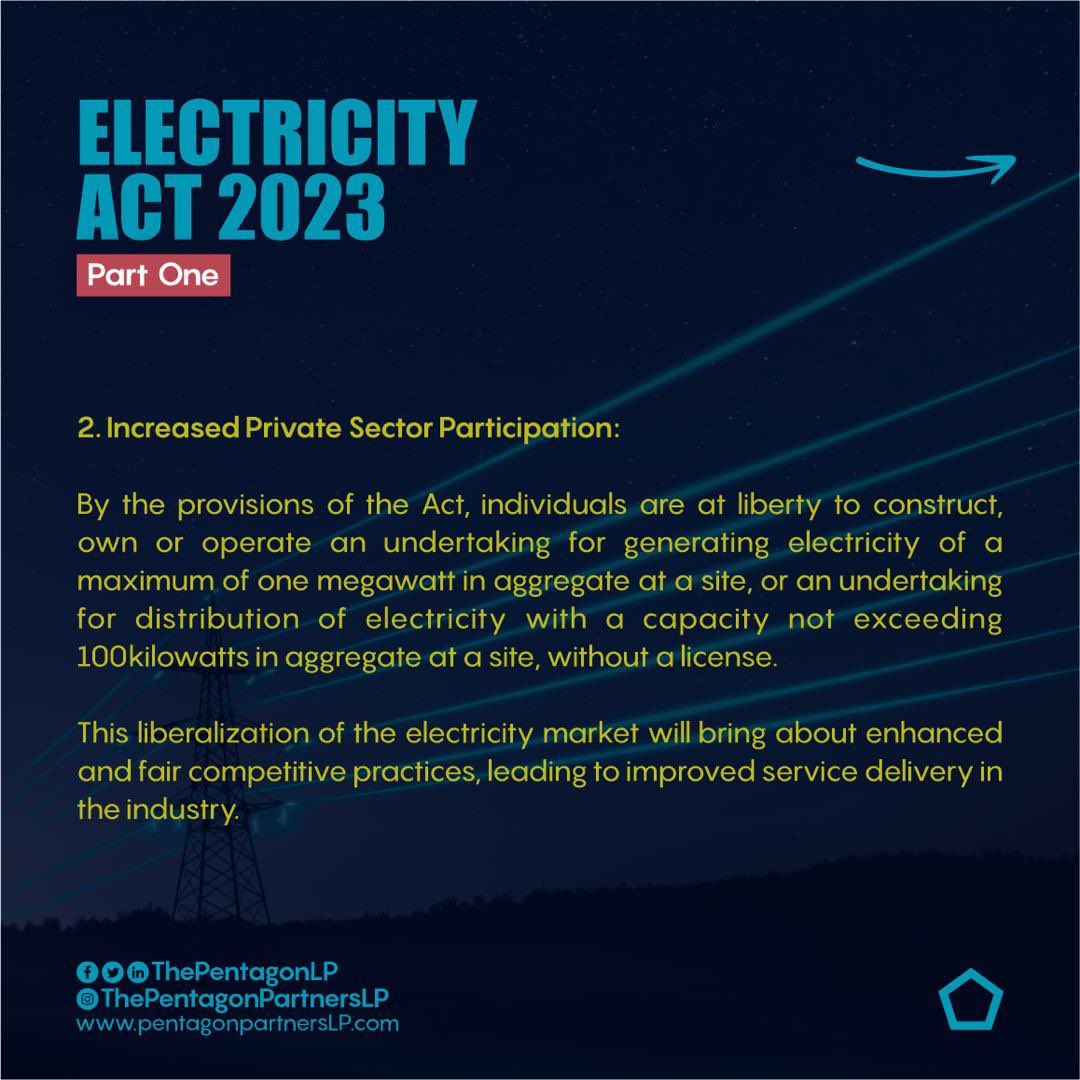 ThePentagonLP's tweet photo. The Electricity Act 2023 came into force in Nigeria on 09 June 2023, replacing the Electric Power Sector Reform Act (EPSRA) 2005 that was inforce for 18 years. 

We have highlighted some of the notable reforms made by the Electricity Act 2023, and we hope you find this insightful https://t.co/12Xde6VcO0