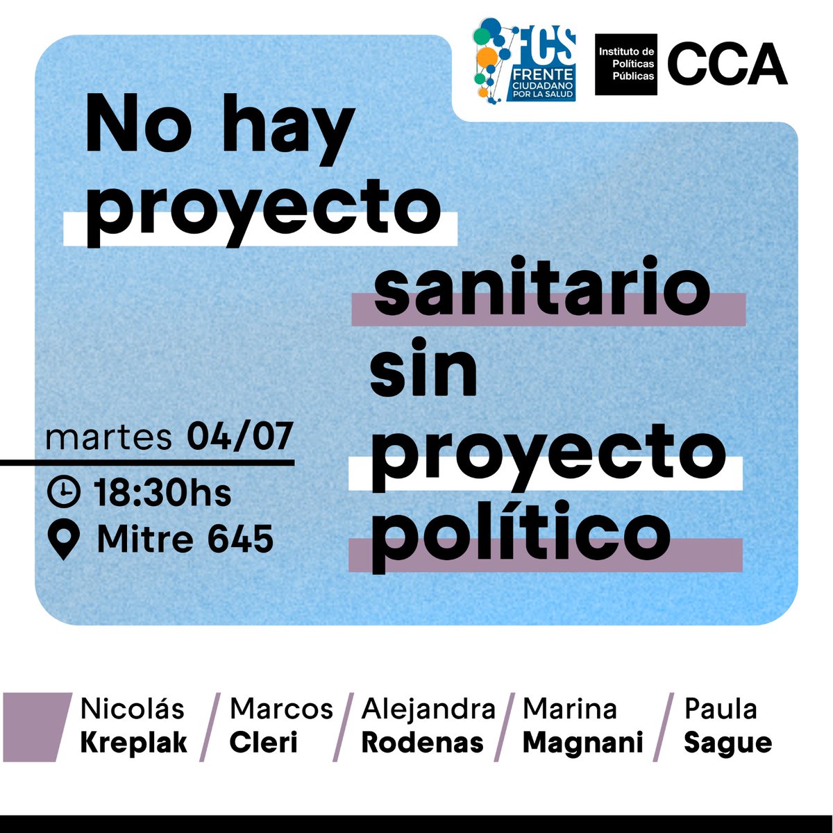 CCA (@ccatlas) on Twitter photo No hay proyecto sanitario sin proyecto político.
🗣️ #HOY a las 18:30 hs. Charla con <a href="/nkreplak/">Nicolás Kreplak</a> , <a href="/marcoscleri/">Marcos Cleri</a> , <a href="/rodenasale/">Alejandra Rodenas ☀️</a> , <a href="/MarinaMagnaniOk/">Marina Magnani</a> y @Paula_SagueOk .
📍 Complejo Cultural Atlas, Mitre 645. No hay proyecto sanitario sin proyecto político.
🗣️ #HOY a las 18:30 hs. Charla con <a href="/nkreplak/">Nicolás Kreplak</a> , <a href="/marcoscleri/">Marcos Cleri</a> , <a href="/rodenasale/">Alejandra Rodenas ☀️</a> , <a href="/MarinaMagnaniOk/">Marina Magnani</a> y @Paula_SagueOk .
📍 Complejo Cultural Atlas, Mitre 645.