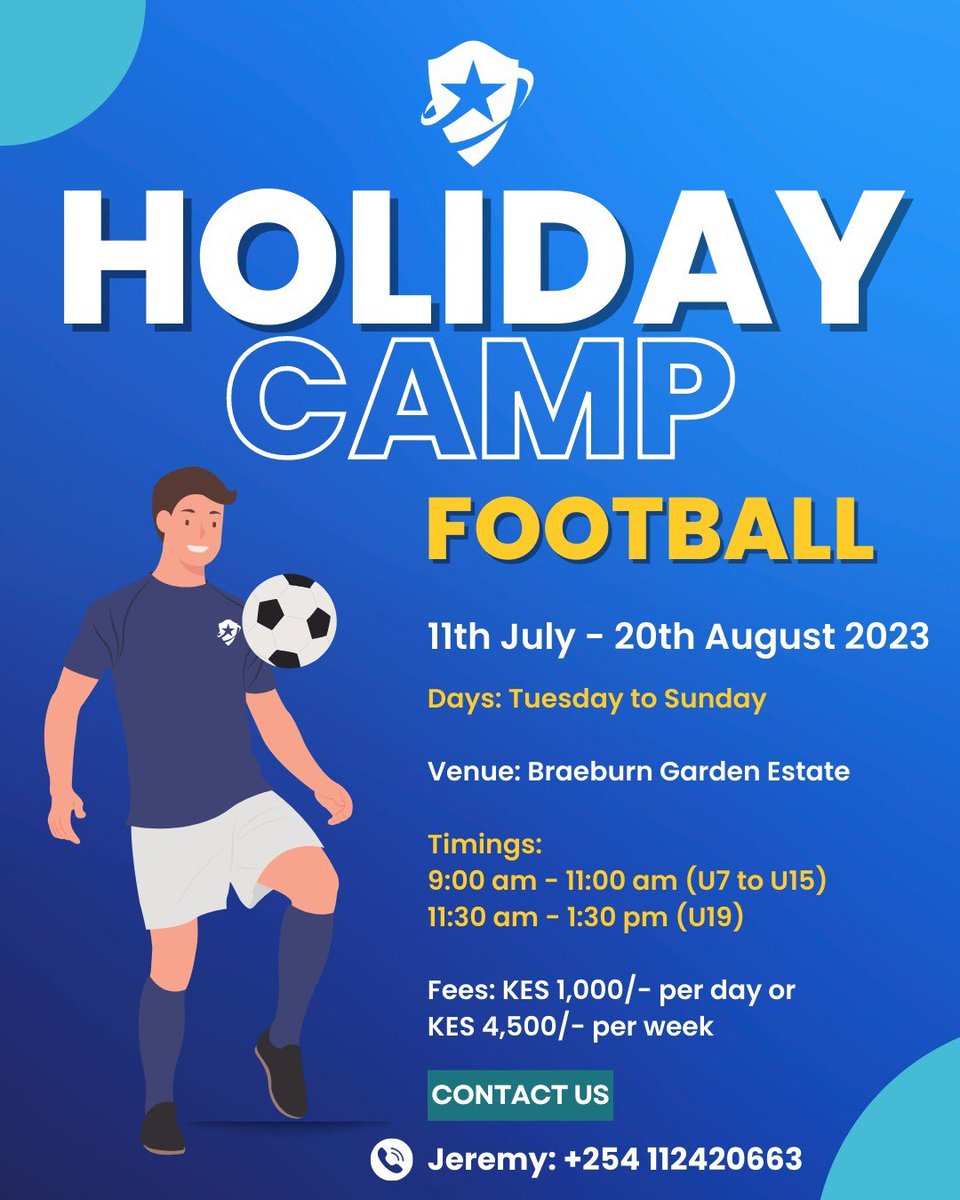 Mark your calendars from 11th July 2023 to 20th August 2023, for our football holiday camp at Braeburn Garden Estate.  
🔗 Click the link forms.gle/CjhVYB9sRfPj9D… to secure your spot now! Limited spaces available, so act fast! 🏃‍♀️🏃‍♂️

#StarFieldFootball #AcademyExperience