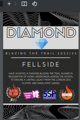 FellsidePrimary's tweet photo. Congratulations to staff and children on achieving top marks in the GSSP Blazing the Trail award.  Reaching 'diamond' standard is just amazing! https://t.co/4W5jsXbT4f