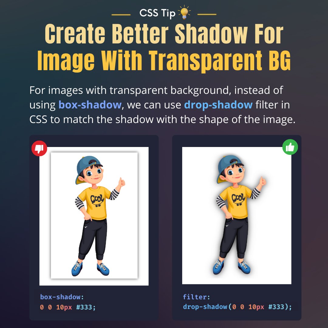 Shripal Soni on X: "CSS Tip 💡 Easily create better shadows for images with transparent background 🤩 https://t.co/WuSxla51dB" / X Shripal Soni on X: "CSS Tip 💡 Easily create better shadows for images with transparent background 🤩 https://t.co/WuSxla51dB" / X