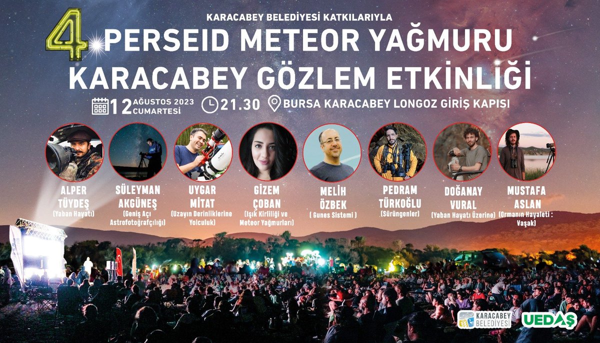 alpertuydes's tweet photo. Bu yıl 4. kez meteorları izlemek için 12 Ağustos Cumartesi gecesi Bursa Karacabey'de (Yeniköy Sahilinde) buluşuyoruz.

Kayıt gerektirmeyen tamamen ücretsiz olan bu gökyüzü gözlem etkinliğine dair tüm detayları aşağıda sıralayacağım. Tek yapmanız gereken çıkıp gelmek.

Gözlem alanında 21.30'da başlıyoruz ve gece yarısı olana dek sizlere Derin Uzay, Meteor Yağmurları, Işık Kirliliği ve Güneş Sisteminin yanı sıra doğaya dair çeşitli sunumlarımız olacak. Gece yarısına dek sürecek gösterilerde eğlenceli sürprizlere de hazır olun :) Meteor gözlemi sunumların ardından gece yarısında alandaki tüm ışıkları kapatmamızla başlayacak. Ve sabaha dek sürecek.

- Etkinliğimiz bu yılda @Karacabey_Bel katkılarıyla gerçekleşecek. @uedascomtr 'de ışık kirliliğine karşı alacağı tedbirlerle bizlere daha keyifli bir gözlem imkanı sağlayacak o gece.

- Etkinlik alanımız sahil kenarı olduğundan az sinekli ama rüzgarlı olabiliyor. Esinti çok olursa sinek az olur. Rüzgar gece geç saatlerde azalsa da sonrasında serinlik kalabiliyor. Kıyafet seçiminizde buna göre alternatifiniz olsun mutlaka.

- Bence her katılımcı sinek kovucu sprey, hırka ve yer yatağı mutlaka getirsin. Dürbün veya teleskop getirmeli miyiz diye de çok soruluyor. Meteor yağmuru en güzel çıplak gözle izlenir. Gece boyu en çok meteoru görenler yere sırtüstü yatıp yıldızları izleyenler olacaktır :) Kamp sandalyeleri ile gelenler her sene boynum koptu diye şikayet ediyor bilginiz olsun. Deniz yatağı ile gelen o kişinin yaratıcılığı ile gelin bence :)

- Gözlem alanında yine belirlediğimiz bölgede o gecelik kamp kurabileceksiniz. Zemin kum. Yakında seyyar tuvalet de kurulacak. Suyunuzu yanınızda getirin. Alan geniş herkese yetecek yer var. Çadır kuracaklar alana erken gelsinler ama. Etkinlik alanı yerleşim yerine yürüme mesafesindedir. Yazlık tatil bölgesi olduğundan gece geç saatlere kadar açık market/büfe bulabilirsiniz.

- Etkinliğe yalnız başınıza, ailece, çocuklarınızla veya arkadaş grubunuzla katılabilirsiniz. Ben yıldızların altında bebeğini uyutan aileler de gördüm, büyükannesiyle geleni de. Birlikte çok daha güzel oluyoruz. 

- Etkinlik alanında ateş yakmak, mangal, semaver vb şeyler kesinlikle yasaktır.

- İçki konusu her sene dile geliyor. Kimsenin içeceğine karışmıyoruz. Lakin birden fazla arkadaş grubu alanda masa birleştirip içki içmeye başlayınca çok geçmeden ses ve ışık konusunda o çevreden şikâyetler gelmeye başlıyor. Ve sonra hem bizim açımızdan hem diğer katılımcılar açısından zor anlar yaşanıyor. Bu konuda bu yılda tavrımız nettir; sofra kurup kalabalık gruplarla masa birleştirip ortamdan ayrı ortam kurmaya müsaade edilmeyecektir. Amacı gökyüzü olmayan gruplar için alternatif piknik alanları zaten bölgemizden mevcuttur. Oraya gidiniz. Çok net!

- Araç farlarının alana vurmaması için önlemler alıyoruz ama yine de etkinlik alanı otoparkında farları kapatmamız önemli. Gece yarısı itibariyle gözlem başlayınca  telefonlarla zırt pırt oynamanız ekranın yayacağı ışık yüzünden çevrenizdekileri olumsuz etkilemektedir. Lütfen diğer insanlara da saygılı olalım; ışık ve gürültü kirliliği oluşturacak her türlü hareketten kaçınalım. Telefonu illa kullanacaksak en düşük parlaklıkta olsun lütfen!

- Yanında radyo veya müzik çalar getirip açanlar oldu zaman zaman. İlla dinleyecekseniz de kulaklık getirmeyi unutmayalım. Lütfen çevrenizdekileri bu konuda rahatsız etmekten kaçınalım!

- Geçen yıl en az 4200 kişiydik bu gözlemde. Ortalama değil bu rakam, güvenlik kamerasından gece yarısına dek tek tek saydık. Sonrasında gelenler de oldu hatta onlar yok bu rakamda. Türkiye'nin en büyük gözlem etkinliğine doğru koşuyoruz adeta. Peki bu kadar kalabalıkla güzel olacak mı? Merak etmeyin, etkinlik alanımız da en az gökyüzü kadar kocaman :) Kalabalık olmamız seyri olumsuz etkilemiyor. Aksine binlerce insanla aynı amaçla bir arada olmak ve kayan meteorları alkışlarla karşılamak hem keyifli hem de o kayma anına dikkat çekme açısından faydalı bile oluyor :) Ve çok güzel arkadaşlıklar, komşuluklar ve paylaşımlar gerçekleşiyor. Yine öyle olacak.

- Geçmiş yıllarda yine binlerce kişiydik ve inanın ertesi sabah kontrole gittiğimde alanda 3-5 parça savrulmuş çöp dışında kirlilik yoktu. Gelen kitle bu yönden de harika! Ve inanıyorum bu yılda temizlik konusunda herkes aynı hassasiyeti gösterecek. Binlerce kişi olmamızın alanı kirli bırakmamızı gerektirmediğini yine  göstereceğiz. Geçen yıl yerel esnaftan gelen misafirlerle ilgili öyle güzel yorumlar aldım ki; 'Bu insanları nereden buldunuz, o kadar anlayışlı ve kibarlardı ki keşke tüm müşterilerimiz öyle olsa' gibi şeyler demişlerdi :) Sizi çok seviyorlar ve bekliyorlar bilginiz olsun. Aşağıya Karacabey'de gözlemden önce gündüz yapabileceklerinize dair bir tweet atacağım yine. 

- Alanda güvenlik için Jandarma olacak yine. 4 yıldır güvenliğe dair en ufak bir sorun yaşamadık çok şükür. Gelen insanlar böyle güzel oldukça yaşayacağımızı da hiç sanmıyorum. Genç yaşlı kadın veya erkek tek başına gelip alanda kalıp tek başınıza geri dönebilirsiniz.

- Otobüsle katılacaklar için önce Karacabey Terminaline gelip oradan da Yeniköy arabalarına binmeniz lazım. Saat 21.00'a dek Karacabey Terminalinden Yeniköy arabaları yarım saatte bir kalkıyor. Sonrasında sadece 24.00'da son araba kalkacak Yeniköy'e bilginiz olsun. Gözlem alanından yani Yeniköy'den geri dönüş için ise Karacabey Terminaline sefer olmadığından gece saat 02.00 ile 03.00 arasında bir otobüs belediye tarafından ücretsiz kalkacak sizler için bilginiz olsun.

- Özel araçla gelecek olanlar için etkinlik alanı konumu: https://t.co/n0Mzl0olW6 burasıdır. Erken gelenler alana yakın bir yerlere park edebilir. Geç gelirlerse daha gerilerde park yeri bulup biraz daha yürümek durumunda kalırlar.