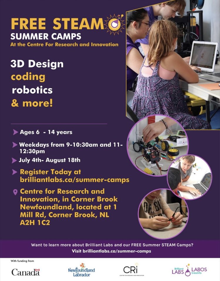 FREE coding, robotics and design camps for ages 6-14 at the Centre for Research and Innovation!!! Camps will be conducted by <a href="/brilliant_labs/">Brilliant Labs / Labos Créatifs</a> Register here: brilliantlabs.typeform.com/to/UsYyi8Mw?ty… <a href="/BerniceCBC/">Bernice Hillier</a> @DonBradshawNTV <a href="/boiradio/">100.1 BAY FM</a> <a href="/WS_DianeCrocker/">Diane Crocker</a> <a href="/CBCNL/">CBC Newfoundland and Labrador</a>