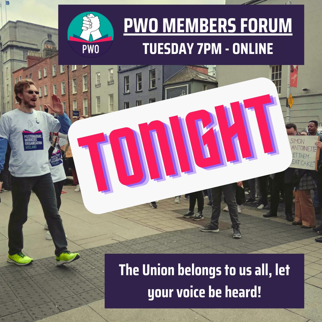 PWO_Ireland's tweet photo. TONIGHT!
Join the PWO members forum at 7PM and help guide our response to the disappointing National PhD Review.

The Union belongs to us all, let your voice be heard!  #PGRsDeserveBetter https://t.co/y6NPnKYEB8