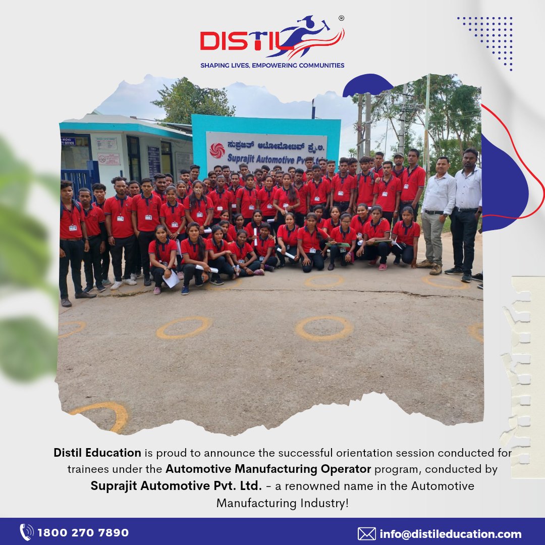 distiledutech's tweet photo. Distil Education announces the successful orientation for trainees in the Automotive Manufacturing Operator program, conducted by the esteemed Suprajit Automotive Pvt. Ltd.
#distil #distileducation #distilgroup #SuprajitAutomotive #EducationOpportunities #YouthEmpowerment https://t.co/fHigcS1Ot0
