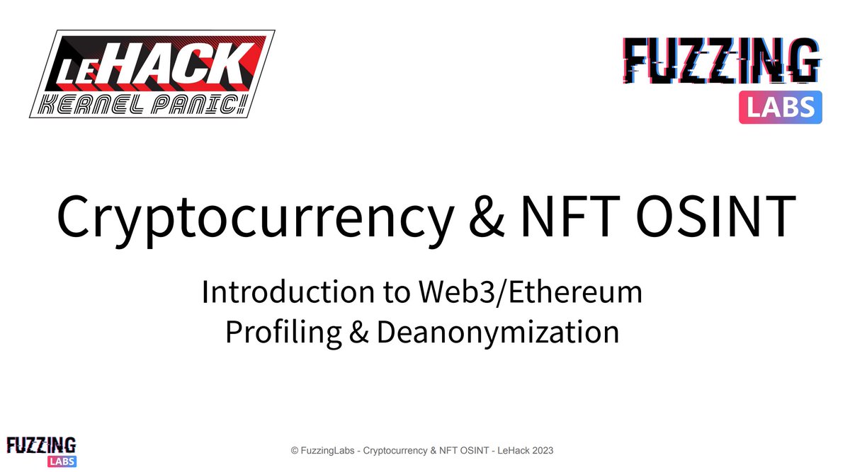 FuzzingLabs's tweet photo. Want to learn more about Web3 #OSINT? 🕵️
This weekend, we gave a talk at @_leHACK_ about:

➡️ Cryptocurrency &amp; NFT OSINT: Introduction to Web3/Ethereum Profiling &amp; Deanonymization

Here is a quick thread  to recap 🧵 (1/7) https://t.co/RKfxqEsy8f