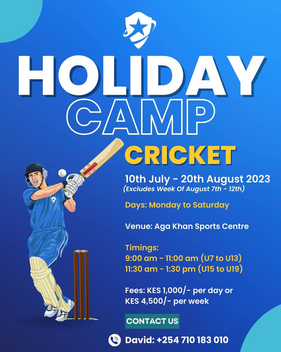 starfieldsports's tweet photo. Mark your calendars from 10th July 2023 to 20th August 2023, as we bring you our Cricket Holiday Camp at the  Aga Khan Sports Club. Register now https://t.co/G0osh2t3Hh
to secure your spot.

#StarFieldCricketAcademy #CricketTraining #AgaKhanSportsClub #RegisterNow https://t.co/yrMQCx5eiP