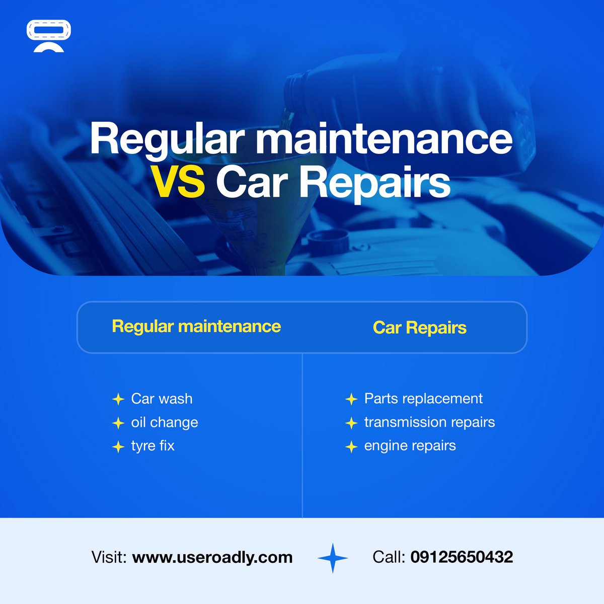 useroadly's tweet photo. What counts as maintenance, and what counts as repairs?🤔 
We’ve broken down services that fall under both categories for you✨😊

With this in mind, you can get all maintenance services done for you at N2500/month🤯

Visit https://t.co/p0rsDlyp7H to find out how to get started😁 https://t.co/jqiMIWfmHH