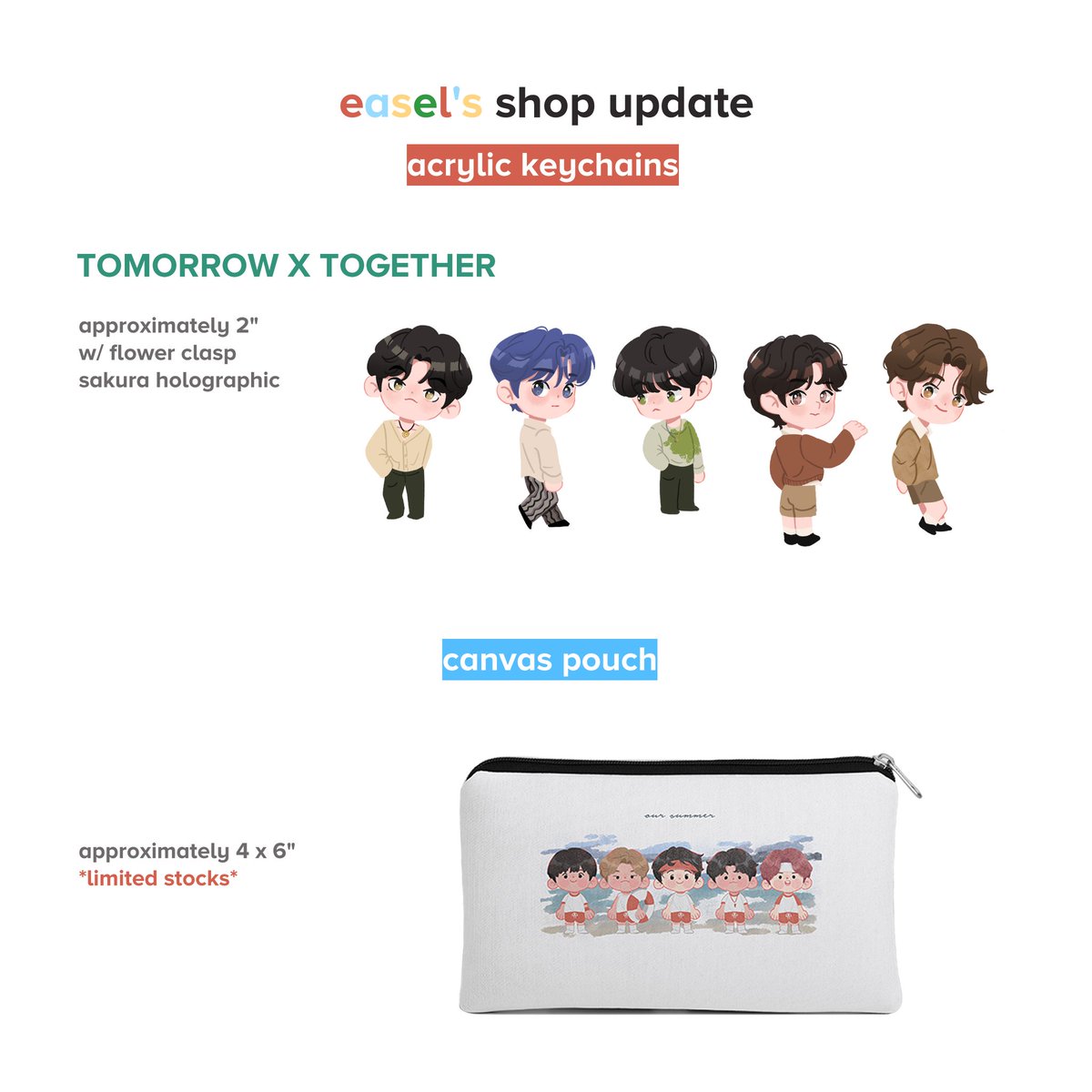 🤍🎨 easelshop update 🖌🤍
 
K-POP fanart merch:
July catalog 🧺🧃☀️

the wait is over~ pre-order starts tomorrow 5PM PHT !! 🎉