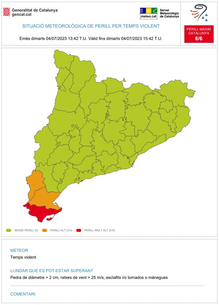 ⚠ El Servei Meteorològic de Catalunya emet avís per temps violent (#avisosSMP) ⚠

➡ Dm. 15:42 a 17:42 h

➡ Possibilitat de pedra de diàmetre > 2 cm, ratxes de vent > 25 m/s, esclafits i/o tornados o mànegues. 

➡ Grau de perill màx. 🔴 6/6 

Hora local (h) = TU +2
