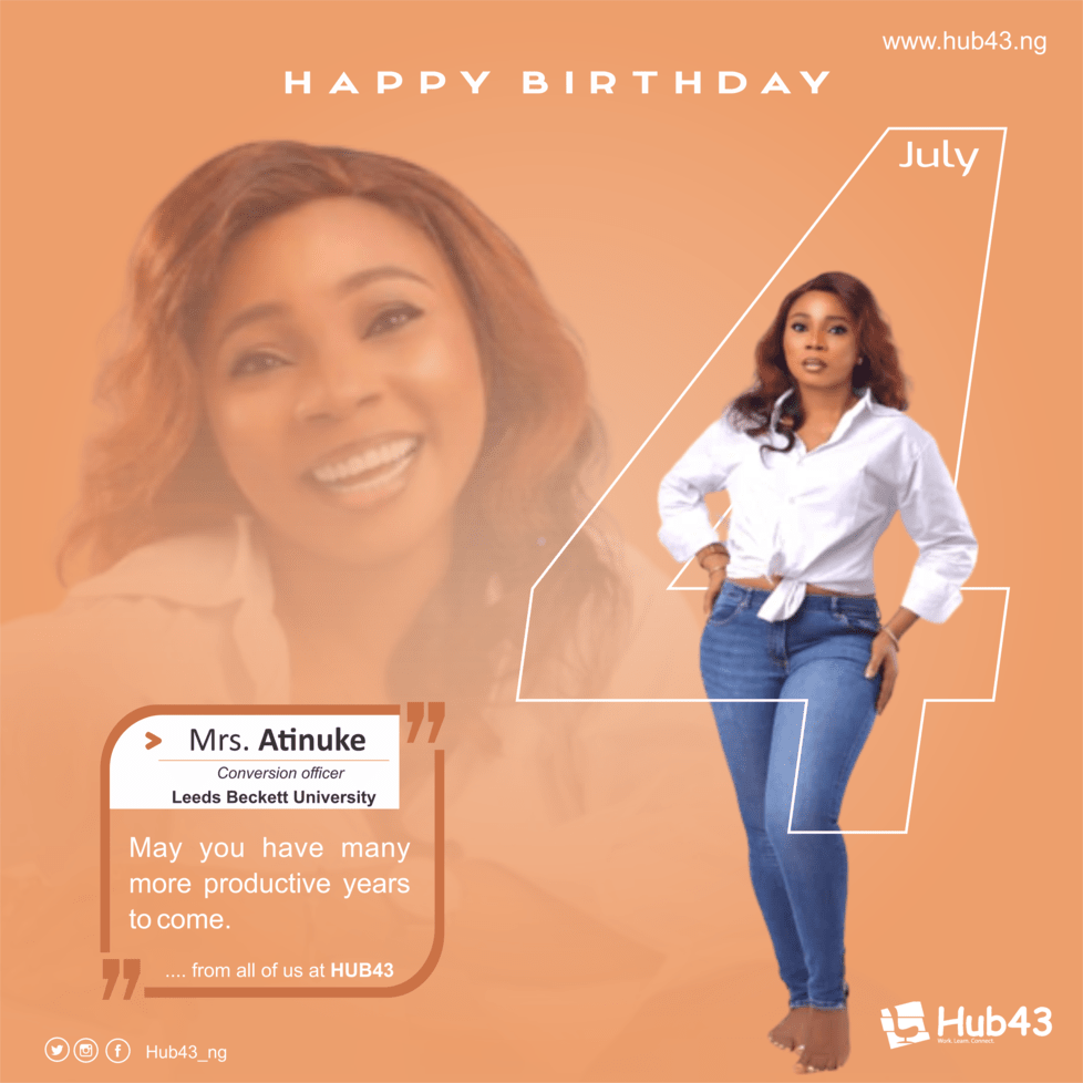 Hub43Ng's tweet photo. Happy birthday to @Mumzyolami of @lbunigeria

Wishing you countless more years of productivity and success ahead! 

Welcome to your best year yet. 

.
#happybirthday #birthday #july #hub43 #july4 https://t.co/Ag7toLy1Dq