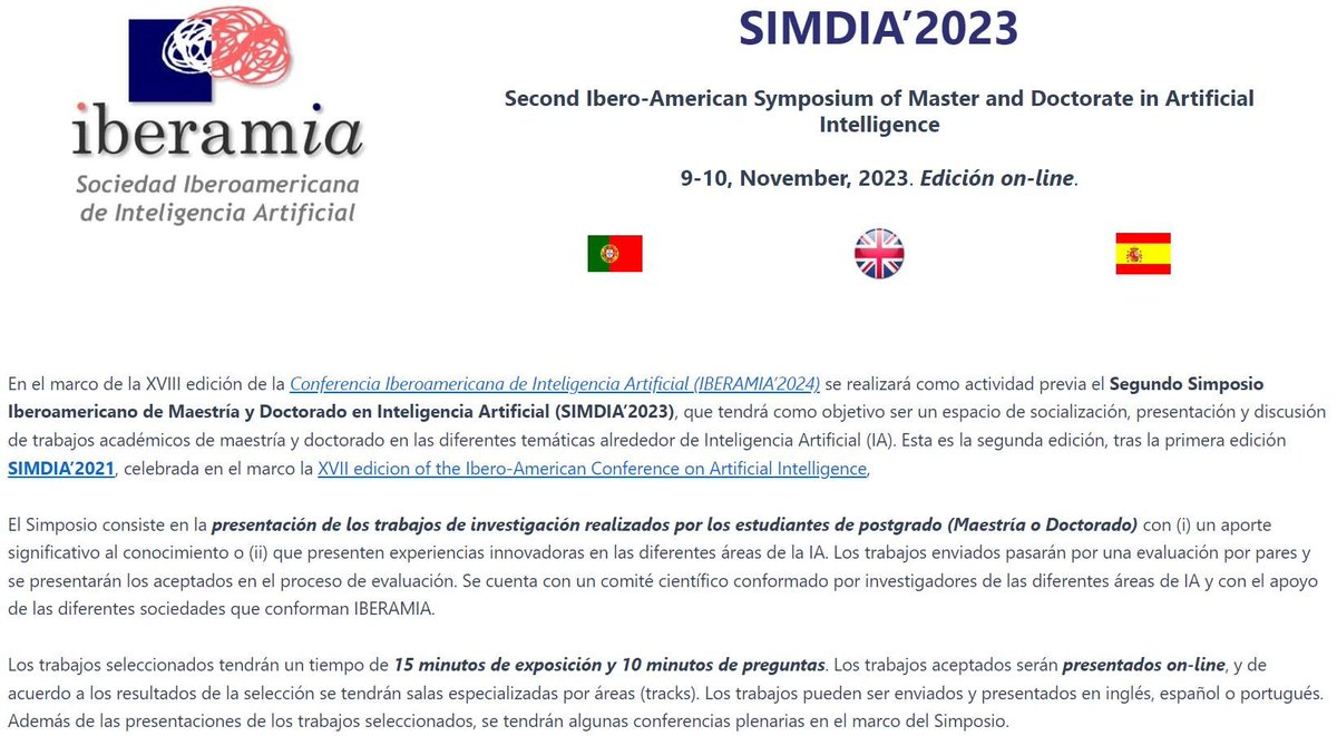 MarcelaQuirozC3's tweet photo. 🤩Los invito a participar en el Segundo Simposio Iberoamericano de Maestría y Doctorado en Inteligencia Artificial (SIMDIA’2023)
📅⏰Límite para envío de trabajos: septiembre 18 2023
🧐Detalles en https://t.co/s8mMigCrJt https://t.co/ySUNkqGeDz