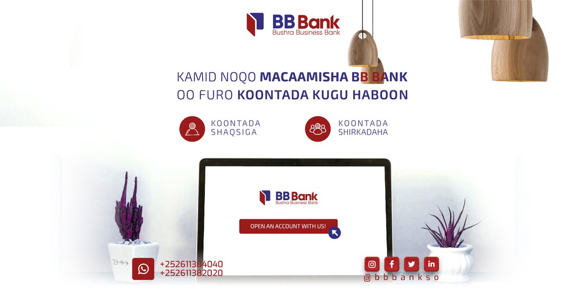 BBBankso's tweet photo. Sameeyso hanaan lacag keydin oo joogta ah, si aad u dhisto 𝗺𝘂𝘀𝘁𝗮𝗾𝗯𝗮𝗹𝗸𝗮𝗮𝗴𝗮 𝗺𝗮𝗮𝗹𝗶𝘆𝗮𝗱𝗲𝗲𝗱, furo koontada kugu haboon.
#BBBank
#openaccount https://t.co/FOCiE4ki4m