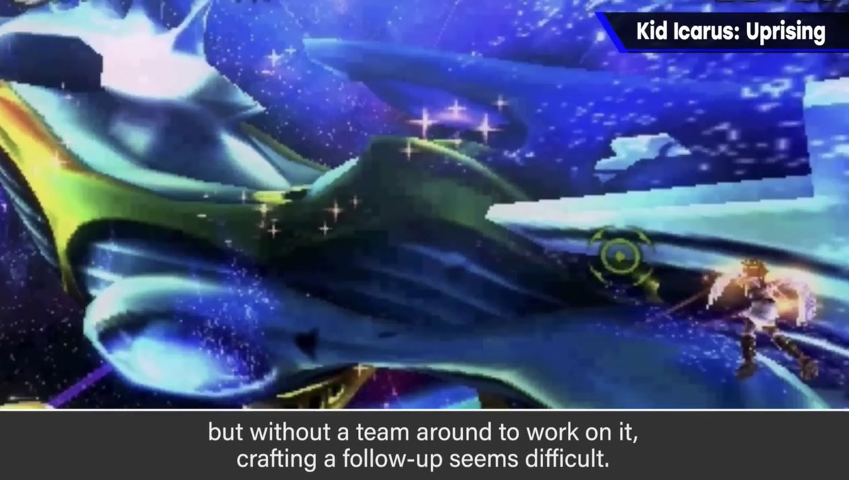 NintendHOME's tweet photo. ℹ️ Info – Dans sa dernière vidéo, Masahiro Sakurai parle en détail du développement de Kid Icarus: Uprising.

– Il n’a pas été possible d’intégrer un support complet du Pad circulaire Pro car cet accessoire augmentait la charge du processeur de la console de 5 % et le jeu exploitait déjà la quasi-totalité de la puissance de la Nintendo 3DS.

– Masahiro Sakurai a à nouveau exprimé son désir de voir le jeu porté sur une console plus puissante même si cela lui semble difficile sans équipe pour travailler dessus.