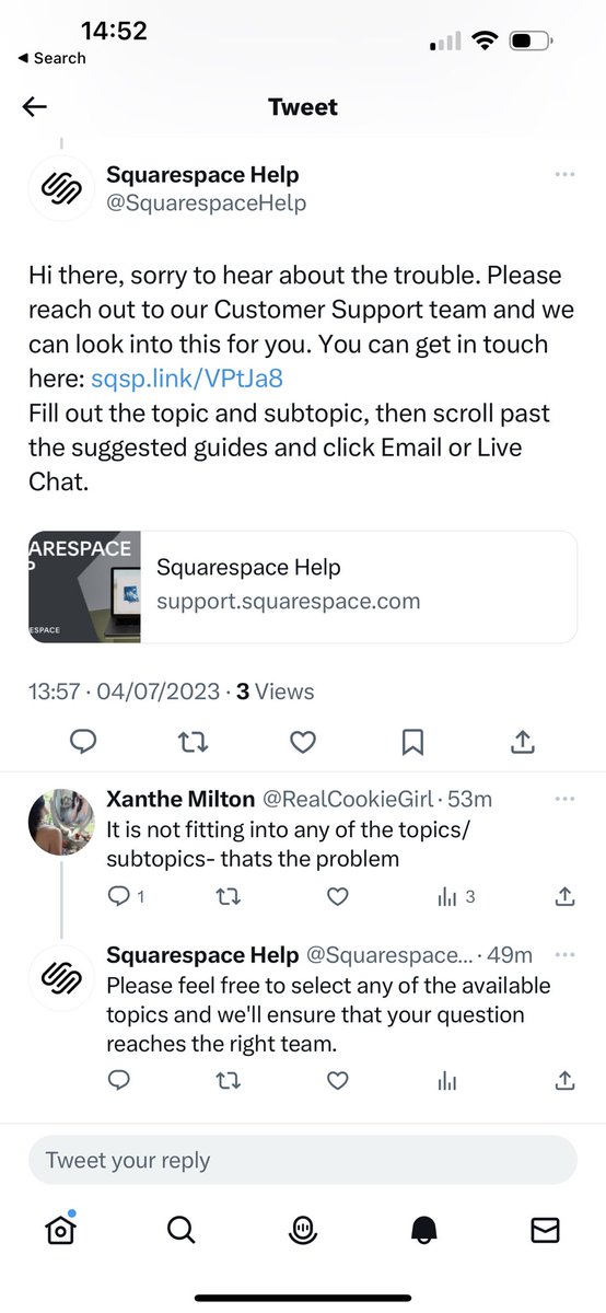 RealCookieGirl's tweet photo. Terrible service from @squarespace who when i contacted them here,  sent me a link back to the website i was complaining was unable to help me! Please can i have an actually human being to help me?! https://t.co/wPDgbSUFz1