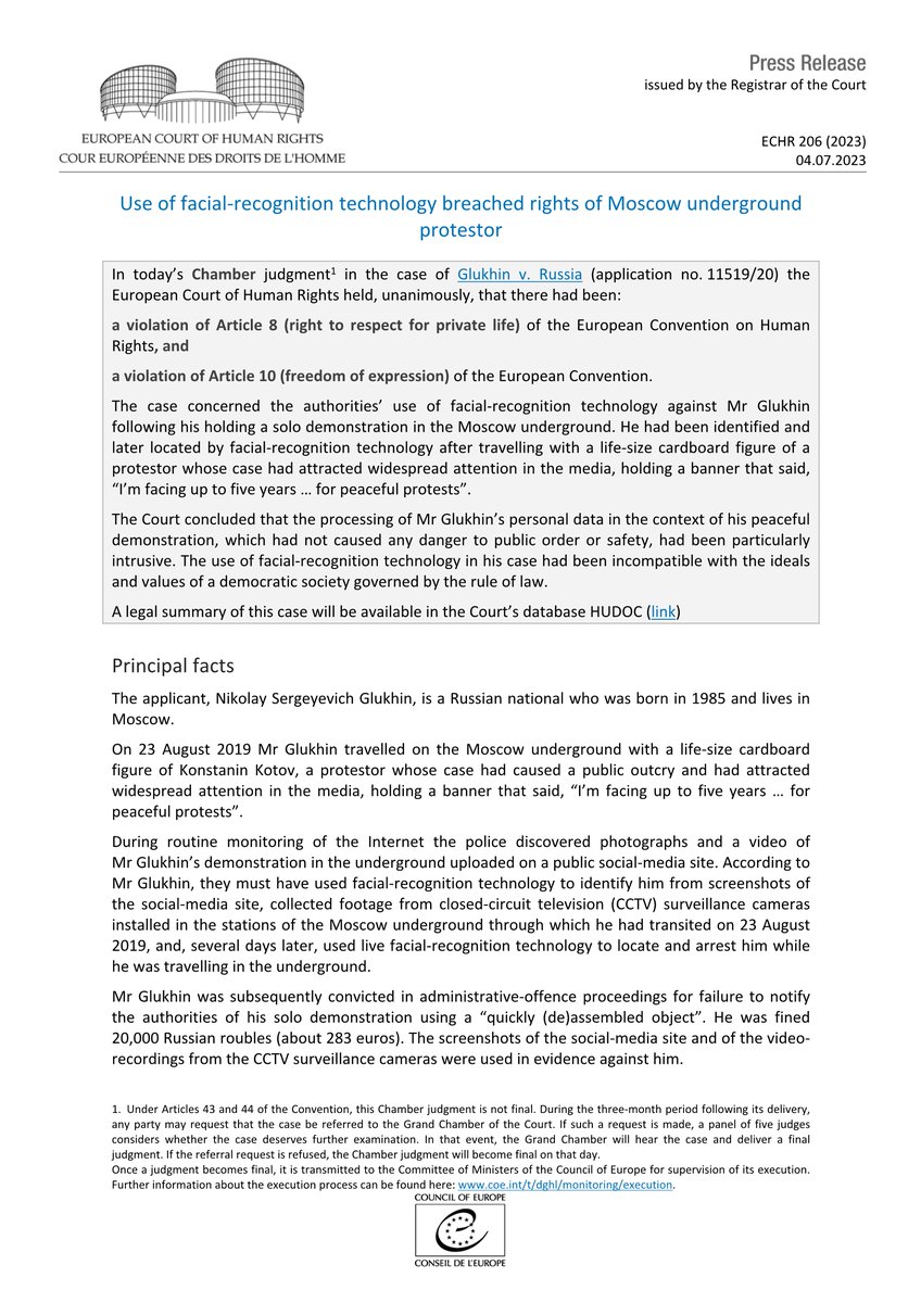 Judgment Glukhin v. Russia - use of facial-recognition technology against Moscow underground protestor
hudoc.echr.coe.int/app/conversion…
#ECHR #CEDH #ECHRpress