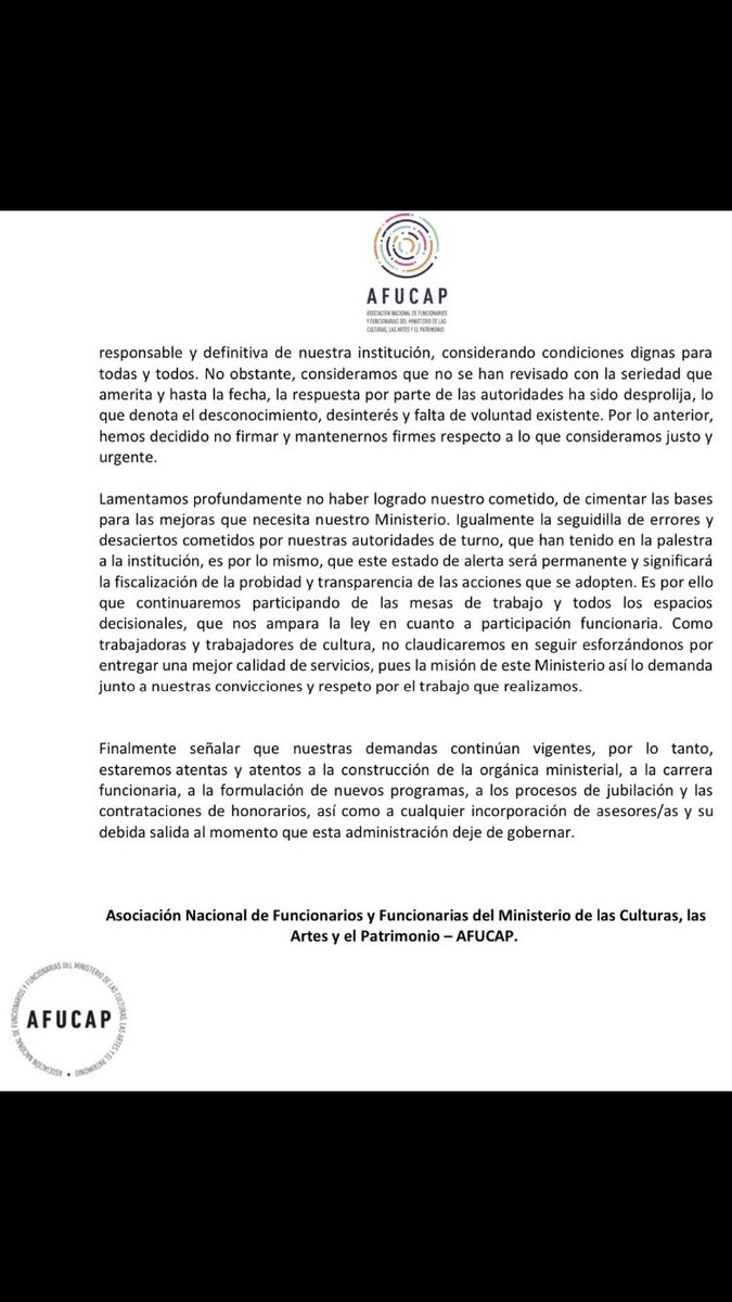MinCapenParo's tweet photo. Comunicado Público @AfucapCultura no seremos cómplices del accionar de la administración de turno. Se depone el Paro https://t.co/lCa4cxJPb3