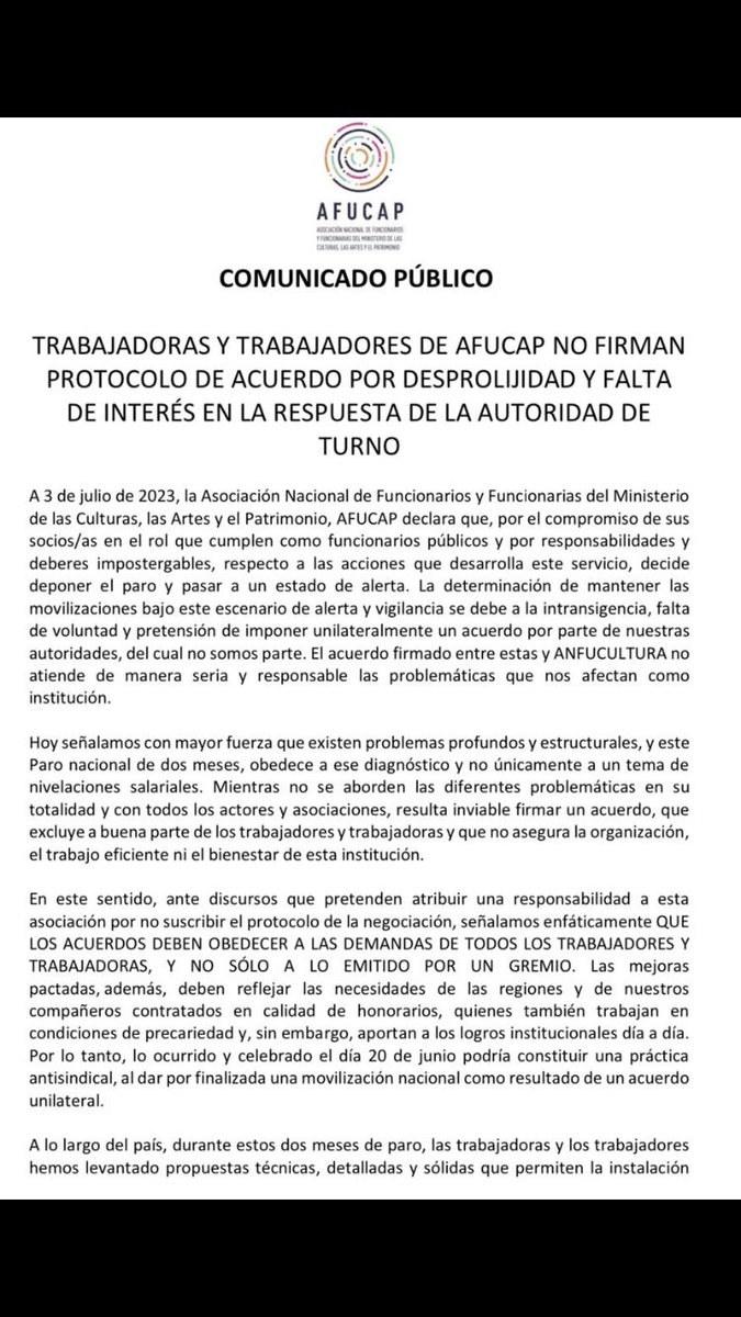 MinCapenParo's tweet photo. Comunicado Público @AfucapCultura no seremos cómplices del accionar de la administración de turno. Se depone el Paro https://t.co/lCa4cxJPb3