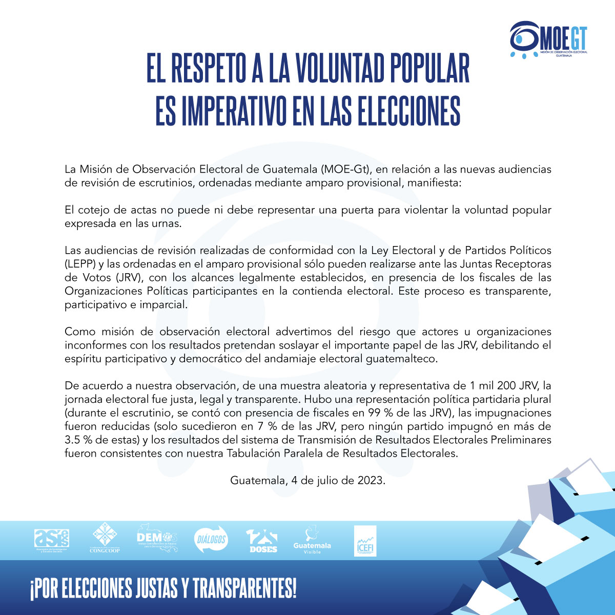 prensa_libre's tweet photo. #DecisiónLibre2023 | La Misión de Observación Electoral de Guatemala emite un pronunciamiento sobre las nuevas audiencias de revisión de escrutinios que se efectuarán a partir de este martes.

Lea más detalles del tema: https://t.co/29ZpquVD3o https://t.co/F7ePWMNI0a