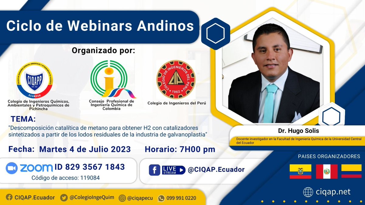 ColegioIngeQuim's tweet photo. ✅  Ciclo de Webinars Andinos:   "Descomposición catalítica de metano para obtener H2 con catalizadores sintetizados a partir de los lodos residuales de la industria de galvanoplastia" https://t.co/uEzQk5dpcd