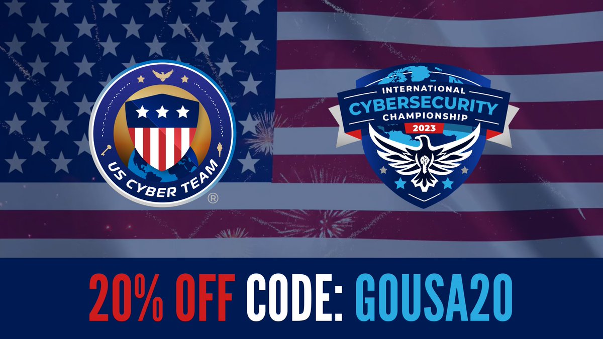 USCyberGames's tweet photo. Happy 4th of July. Show your ❤️ for the USA. Attend the #ic3games2023 &amp; cheer on the @USCyberGames Team. Use code "GOUSA20" for 20% off. Register: https://t.co/WH3YtPDV8g. Don't miss this 1-of-a-kind global #cybersecurity conference around a LIVE #cyber game!
#GoUSCyberTeam https://t.co/vM4E9tEfuL