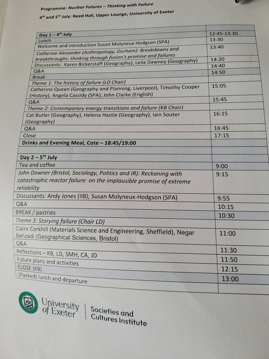 Great start to an exciting couple of days with the Nuclear Societies Group &amp; <a href="/SCI_Exeter/">The Societies & Cultures Institute (SCI)</a> talking about #Nuclear Futures and #Thinking with #Failure. I am looking forward to responding to John Downer tomorrow morning!