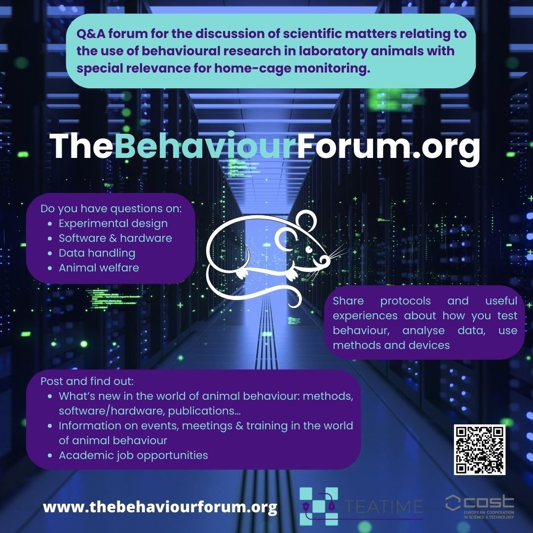 Are you doing animal behavioural research? You are not alone!

And there is a new forum you should know about! A place for discussions, share protocols, and even search for job opportunities. 🙏 @COST_TEATIME

Sign up and be part of this community 😊
thebehaviourforum.org