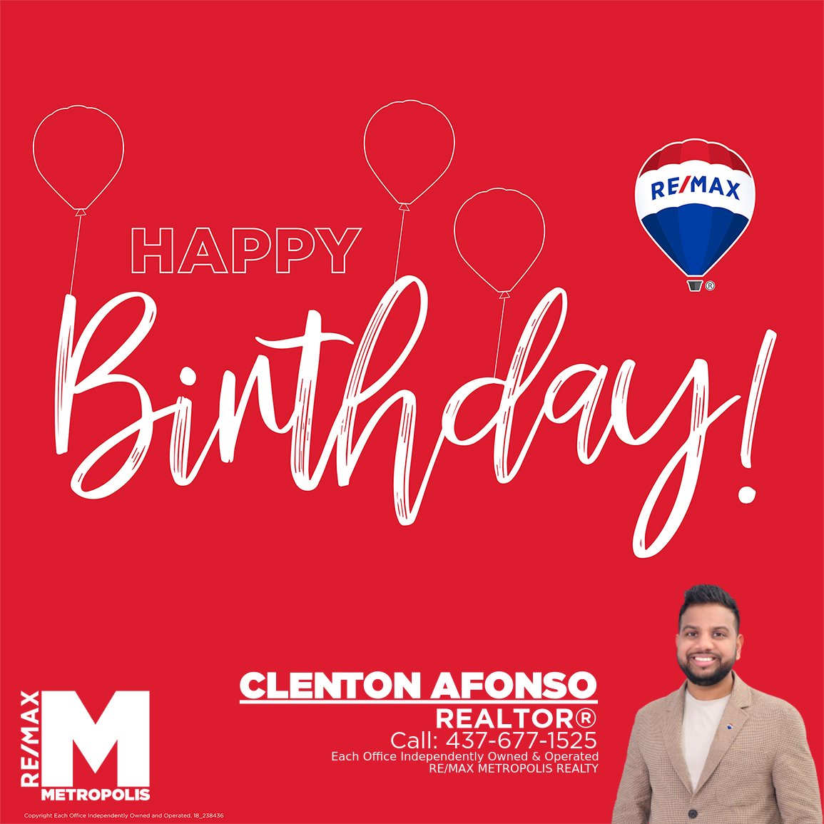 MetropolisREMAX's tweet photo. Happy Birthday Clenton Afonso! Wishing you the very best always and in all ways from your Family at RE/MAX Metropolis Realty!🎈🎂 https://t.co/MYg0TsHOqA