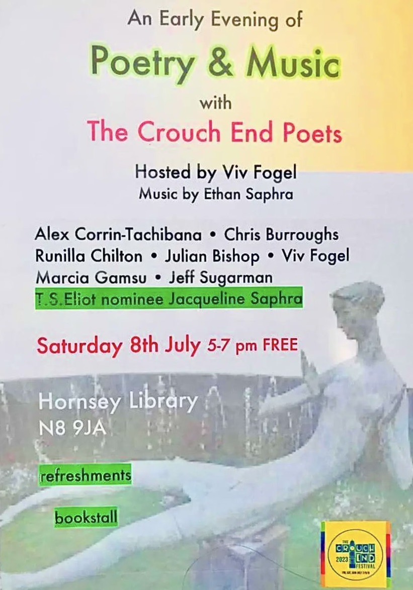 Thrilled to be reading LIVE once again with our marvellous Crouch End Poets Stanza & Jacqueline Saphra @jsaphra Please join us this Sat from 5pm at Hornsey Library, Crouch End N8 9JA. 👏🥁 And music by Ethan Saphra🎤🎤