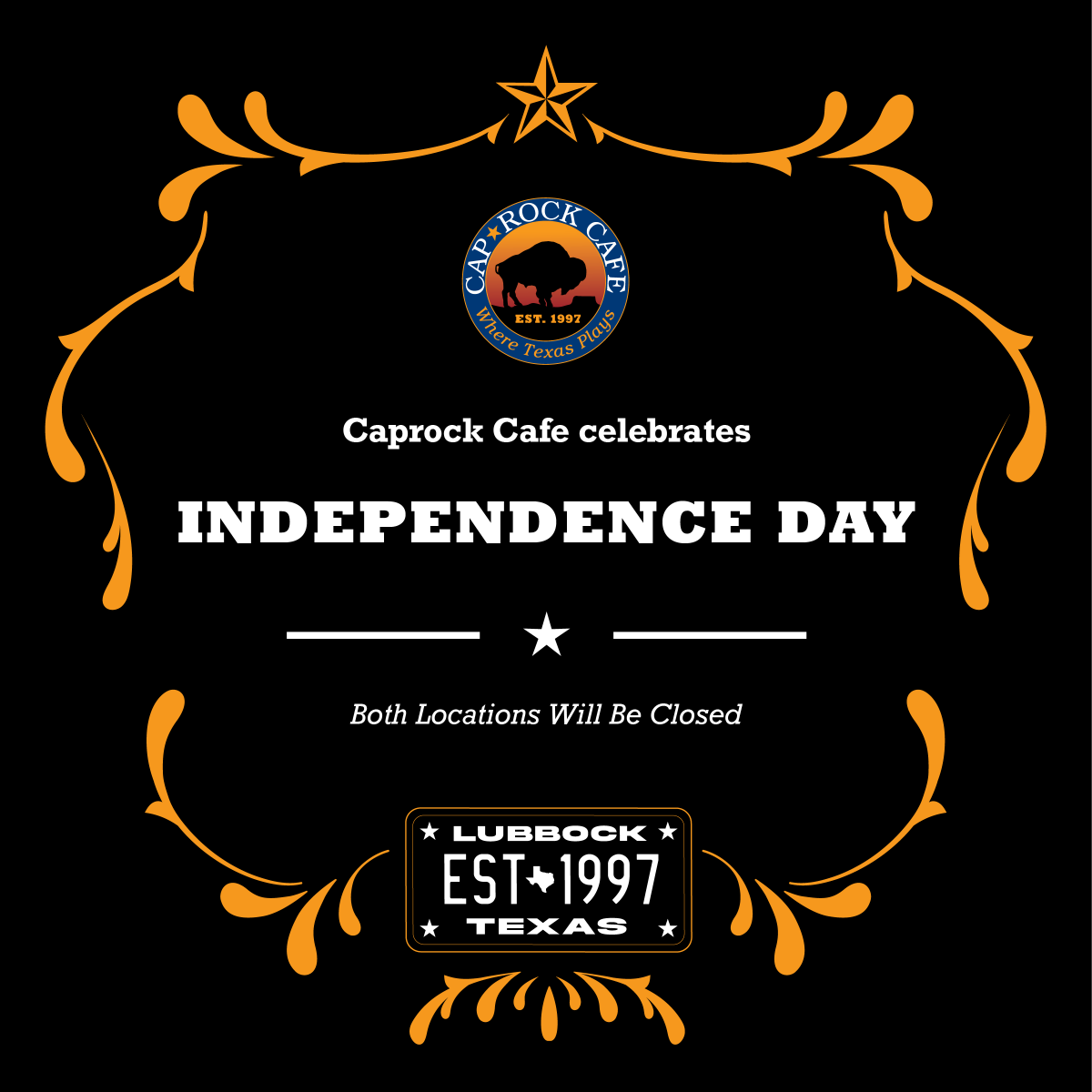 CaprockCafe's tweet photo. We will be closed today in observance of Independence Day! 🇺🇸 Have a fun and safe holiday and we will see you tomorrow! 🦅 #CaprockCafe #WhereTexasPlays https://t.co/TCkOrahrgr
