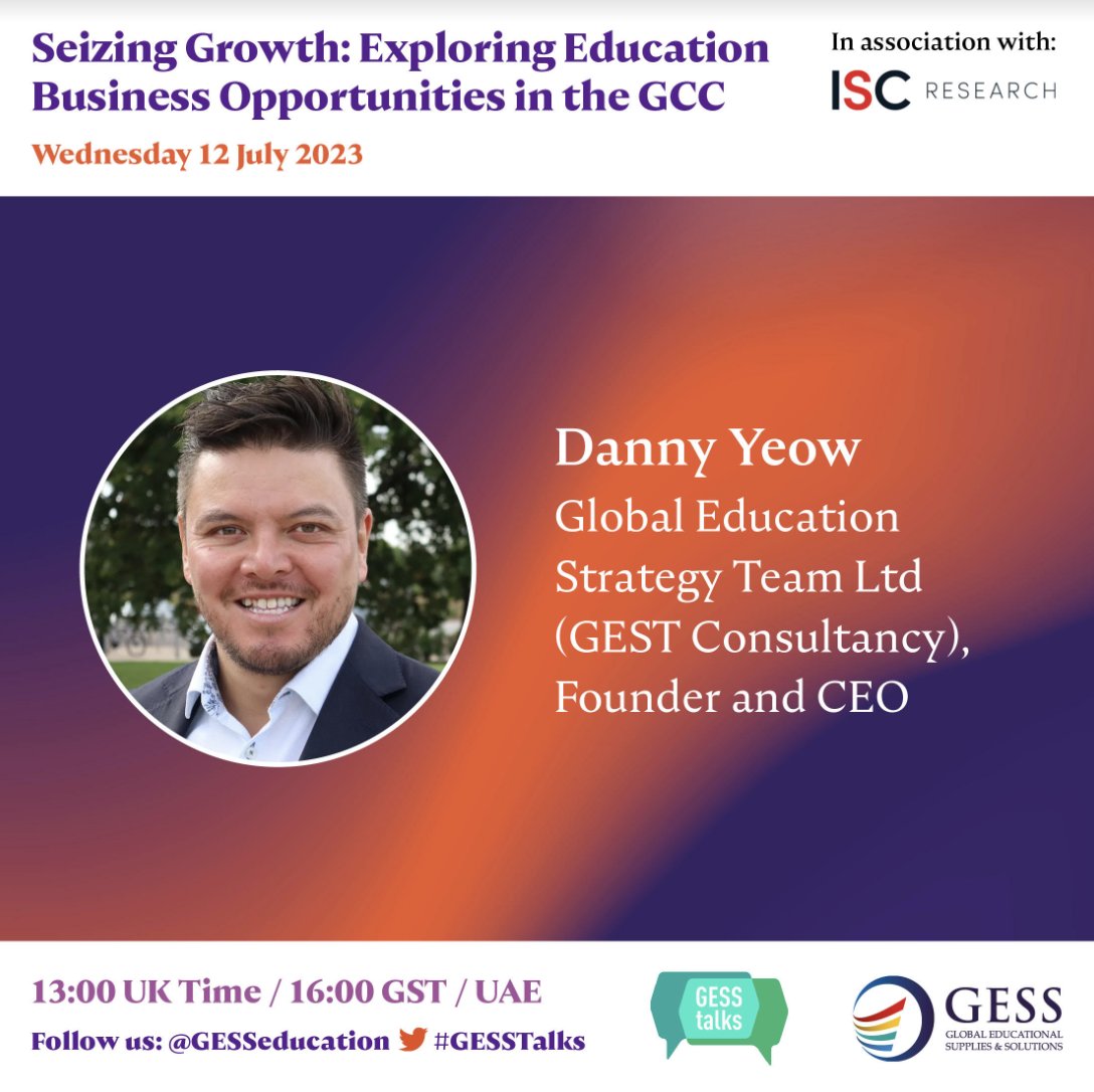 DanielYeow_'s tweet photo. 🎙️ Really excited to be on the panel for this webinar with Kim Lynch, @AlKingsley_Edu, @YDannawy, in association with @ISC_Research and @GESSeducation.

For anyone interested in learning about education business opportunities across the GCC. 

https://t.co/BUJxlnmg8b 🤝 https://t.co/VAH3JRfgAO