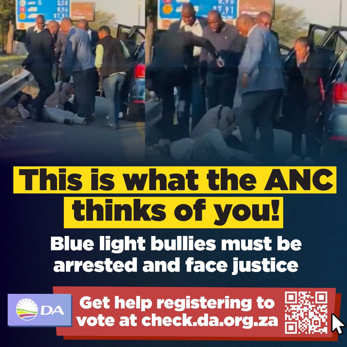 🚨 "Blue light bullies must be arrested and face justice! What we see in that blue lights assault video, represents exactly what the ANC really thinks  of the people of SA." - John Steenhuisen, DA Leader

Get help registering to vote the ANC thugs out at check.da.org.za
