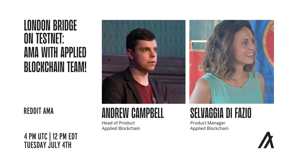 ⏰ Starting in 2h: Join us for an exclusive #AMA about <a href="/LondonBridgeApp/">London Bridge</a>

📢 Don’t forget submit questions for the <a href="/AlgoFoundation/">Algorand Foundation</a> Reddit #AMA with our Product Team, <a href="/AndyAppBlock/">Andy Campbell @AppBlockchain</a> and <a href="/SelvaggiaDF/">Selvaggia Di Fazio</a>

❓ Ask your questions here: reddit.com/r/AlgorandOffi…

#Algorand #Ethererum