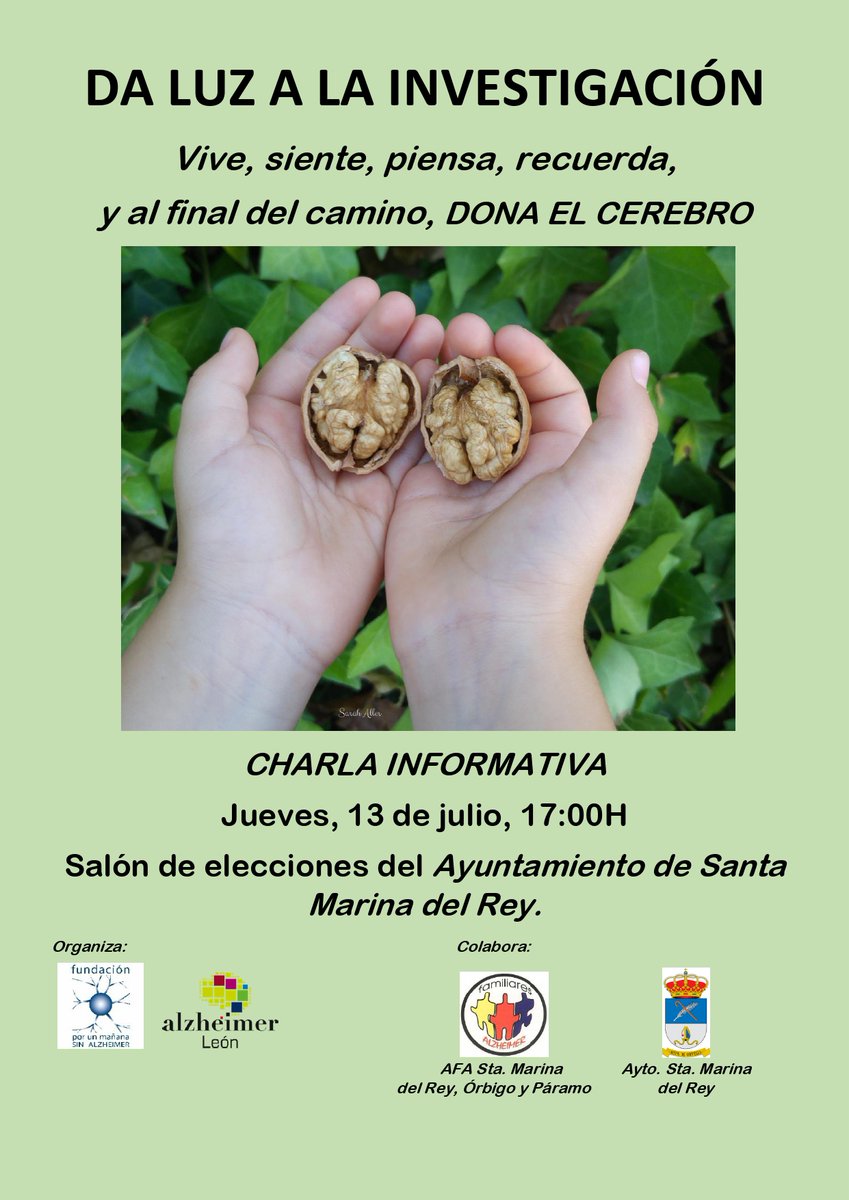 AFASantaMarina's tweet photo. El  próximo 13/07 a las 17:00 horas en el salón de elecciones del Ayto. de  Santa Marina del Rey, l@s compañer@s de Alzheimer León darán una charla  sobre donación de cerebro. https://t.co/6PBQA3zU0H