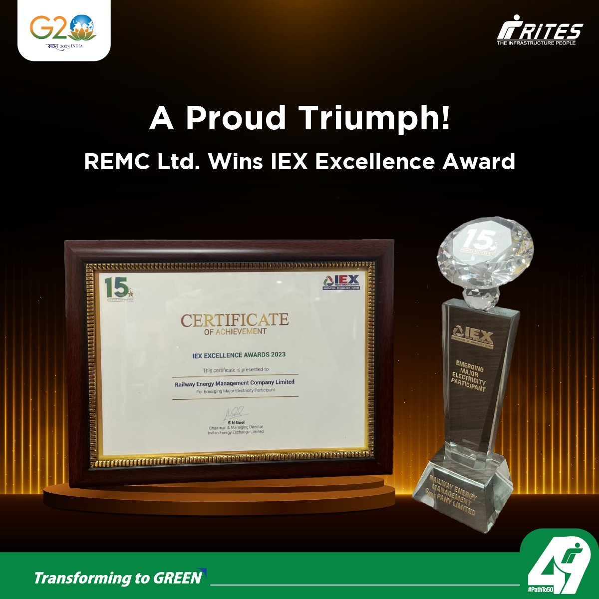 RITESLIMITED's tweet photo. #RITES’ subsidiary #REMC Ltd. has been recognised as the ‘Emerging Major Electricity Participant’ at the IEX Excellence Awards-2023. The honour is a testament to our commitment to sustainable practices &amp; energy management.

#TransformingToGREEN #FutureReady https://t.co/02OtuWwKvc