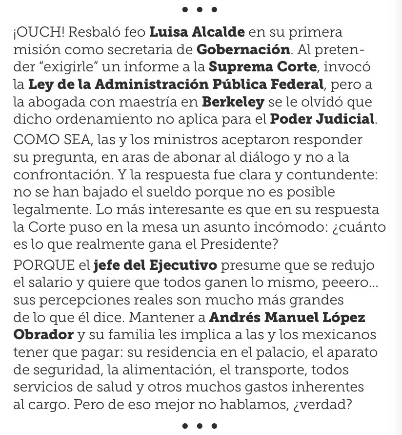 ⚠️ Una auténtica novatada la cometida por <a href="/LuisaAlcalde/">Luisa Alcalde</a> al frente de <a href="/SEGOB_mx/">Gobernación</a>. Si envió su misiva a sabiendas de que carecía de facultades y de qué hay una gran diferencia entre salario y remuneraciones, mal. Si lo hizo sin tener idea de lo que estaba provocando, peor.

<a href="/Reforma/">REFORMA</a>
