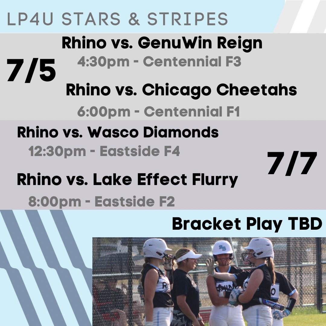 ❤️🤍💙This weeks schedule for the LP4U Stars &amp; Stripes Showcase! #wintheday <a href="/rhino_softball/">Rhino Softball</a>