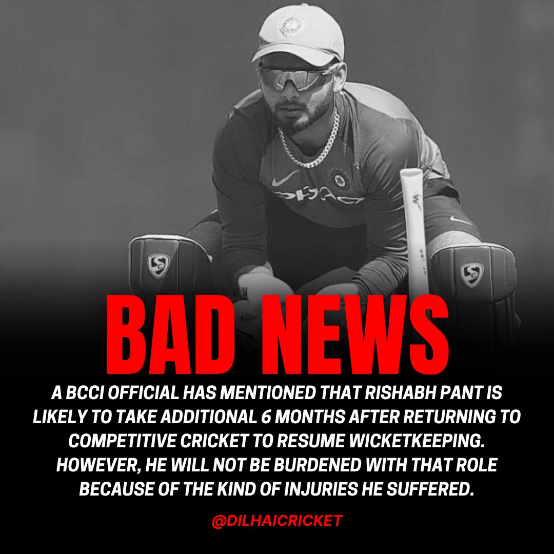 He will take additional 6 months after returning to competitive Cricket to resume wicketkeeping. #Cricket #RishabhPant #IndianCricketTeam #BCCI #cricketnews