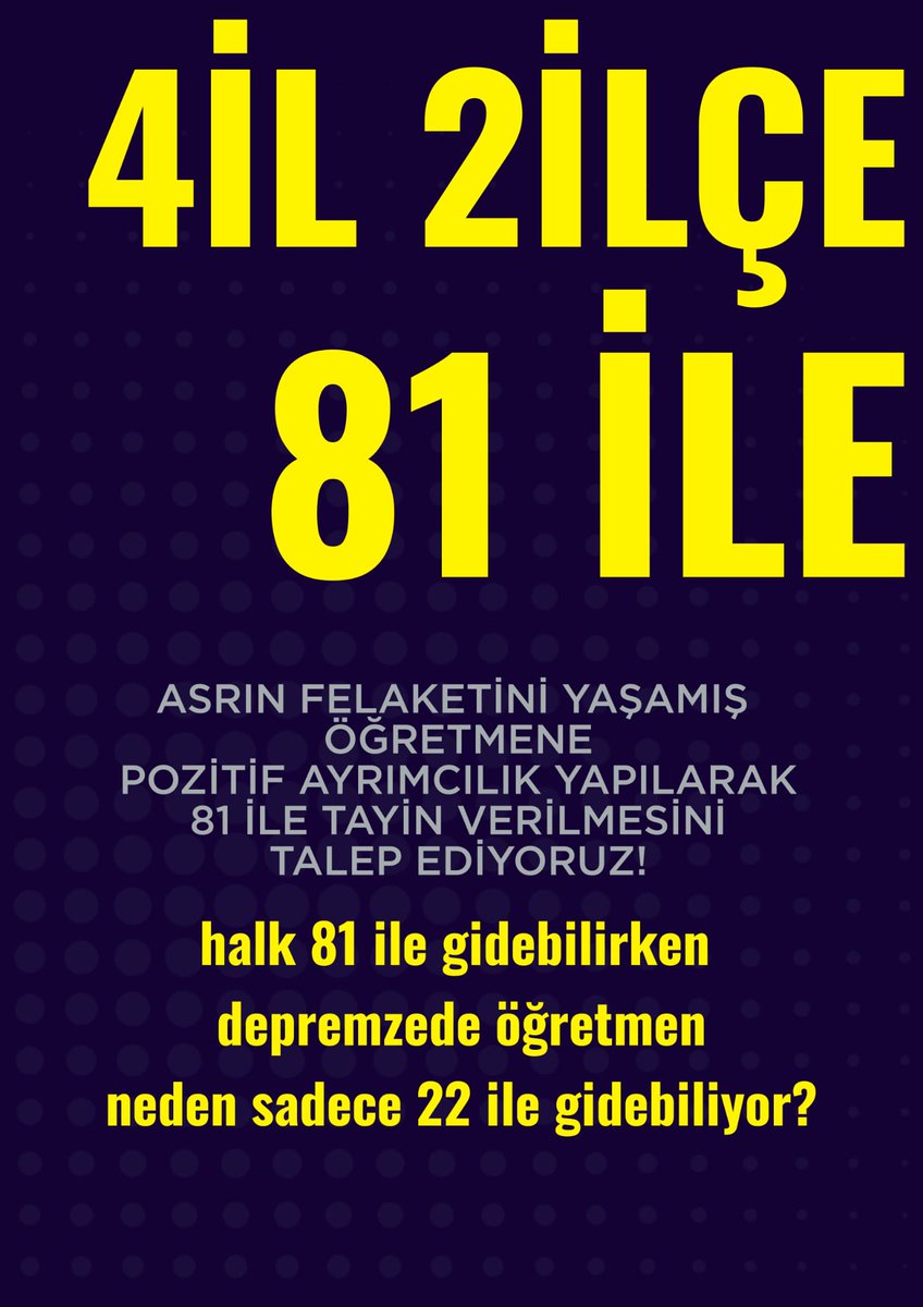 #Memurlara34binTL Depremzede õğretmenler zaten gidebildikleri 22 ile değil, ailelerinin yanına tayin olmak istiyor. 81 ile tayin hakkı bekliyor <a href="/Yusuf__Tekin/">Yusuf Tekin</a> <a href="/cftcblnt/">Bülent ÇİFTCİ</a> <a href="/RTErdogan/">Recep Tayyip Erdoğan</a>