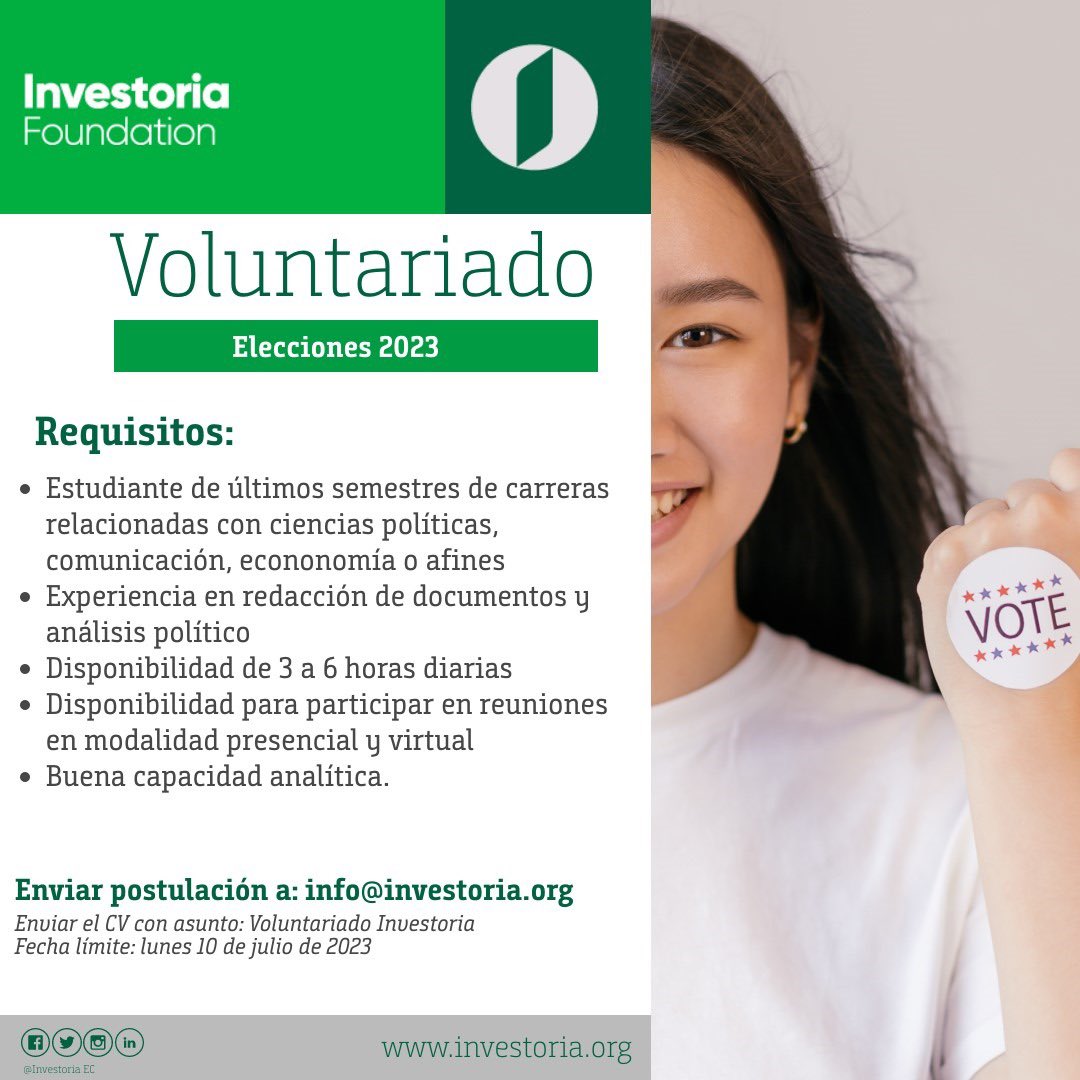 InvestoriaEc's tweet photo. #Voluntariado
Te interesa participar en la elaboración de nuestros análisis electorales y políticos? Te invitamos a participar en el programa de voluntariado. 

Envíanos tu CV al correo info@investoria.org con el asunto Voluntariado Investoria hasta el 10 de julio. https://t.co/mi36jDYQl6