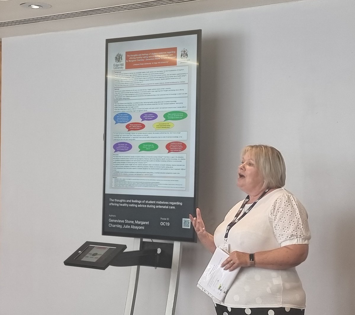 Mee_Row's tweet photo. @MargCharnley presenting her poster on the feelings and thoughts of student midwives regarding offering healthy eating advice #NSSummer23 https://t.co/di3mVv6uo9