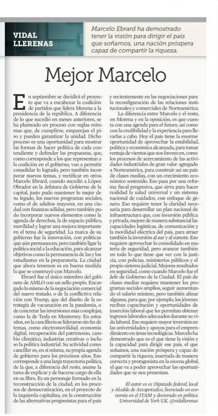 MarceloE2024's tweet photo. Marcelo @ebrard ha demostrado tener una visión para dirigir el país que soñamos, una nacion prospera capaz de compartir la riqueza,por eso #MejorMarcelo artículo de @vidallerenas via @Reforma es #ElCaminodeMexico https://t.co/w7mU6V5FSu