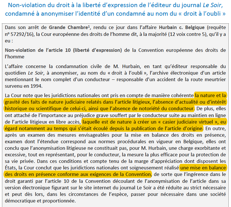 Droit à l'oubli numérique : Obliger un journal à anonymiser un article (de 20 ans) archivé sur son site ne viole pas la #CEDH.

Et ce, pour éviter une sorte de "casier judiciaire virtuel".

C'est la toute 1ère fois que la Cour se prononce en Grande Chambre sur ce droit à l'oubli.
