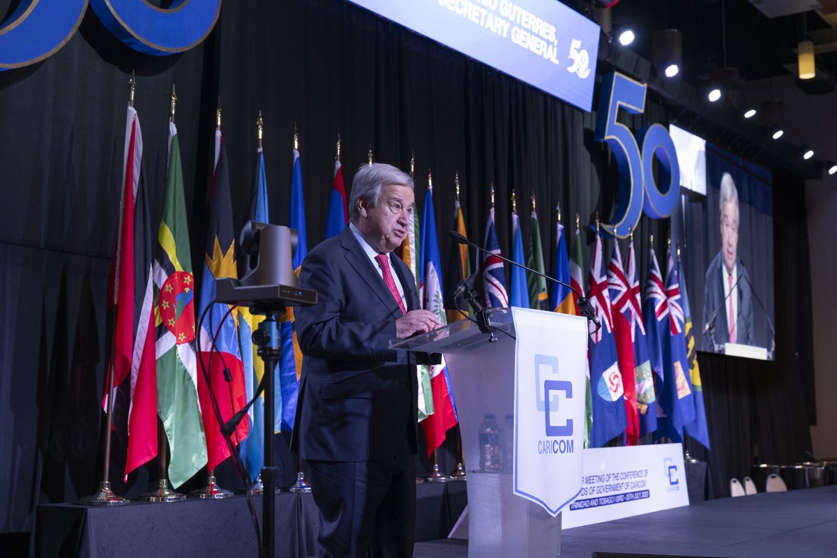 UN_TandT's tweet photo. Echoing calypso legend @DavidRudder, UN Secretary-General @antonioguterres drew from 'Rally Round the West Indies' and declared, 

"Our world needs the islands. We need to rally round CARICOM."

His remarks to @CARICOMorg: https://t.co/V4S0esrQBQ

📷: UN Photo/Eskinder Debebe https://t.co/OZswHxjo66