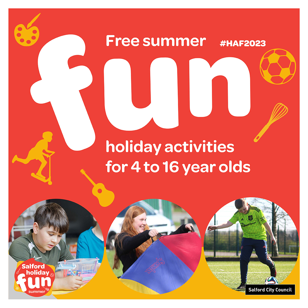 SalfordCouncil's tweet image. Bookings are now open for our Summer Holiday Activity and Food programme. Whether its arts and crafts, dance, sports or drama, Salford’s #HAF2023 programme has something for everyone! Find out more and book at orlo.uk/LWAX3 #SalfordSummerOfFun
