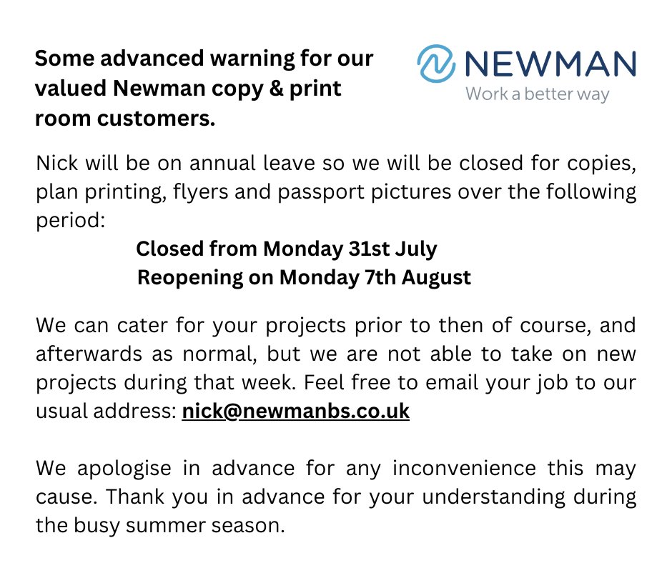NewBusSolutions's tweet photo. https://t.co/QoMT26w6uS Newman Copy Print Room Temporary Summer Holiday Closure Closed from Monday 31st July 
Reopening on Monday 7th August https://t.co/9qpndAYqUf