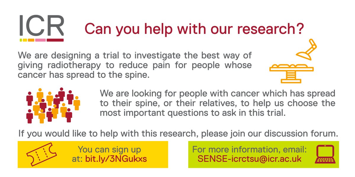 ICR_CTSU's tweet photo. We're looking for people with #Cancer which has spread to their spine, or their relatives, to join our discussion group on 20th July to help us design our new #ClinicalTrial, SENSE. If you would like to be involved, you can sign up here: https://t.co/1SsC6jQxf7 #PPI https://t.co/gLXKONNFNt