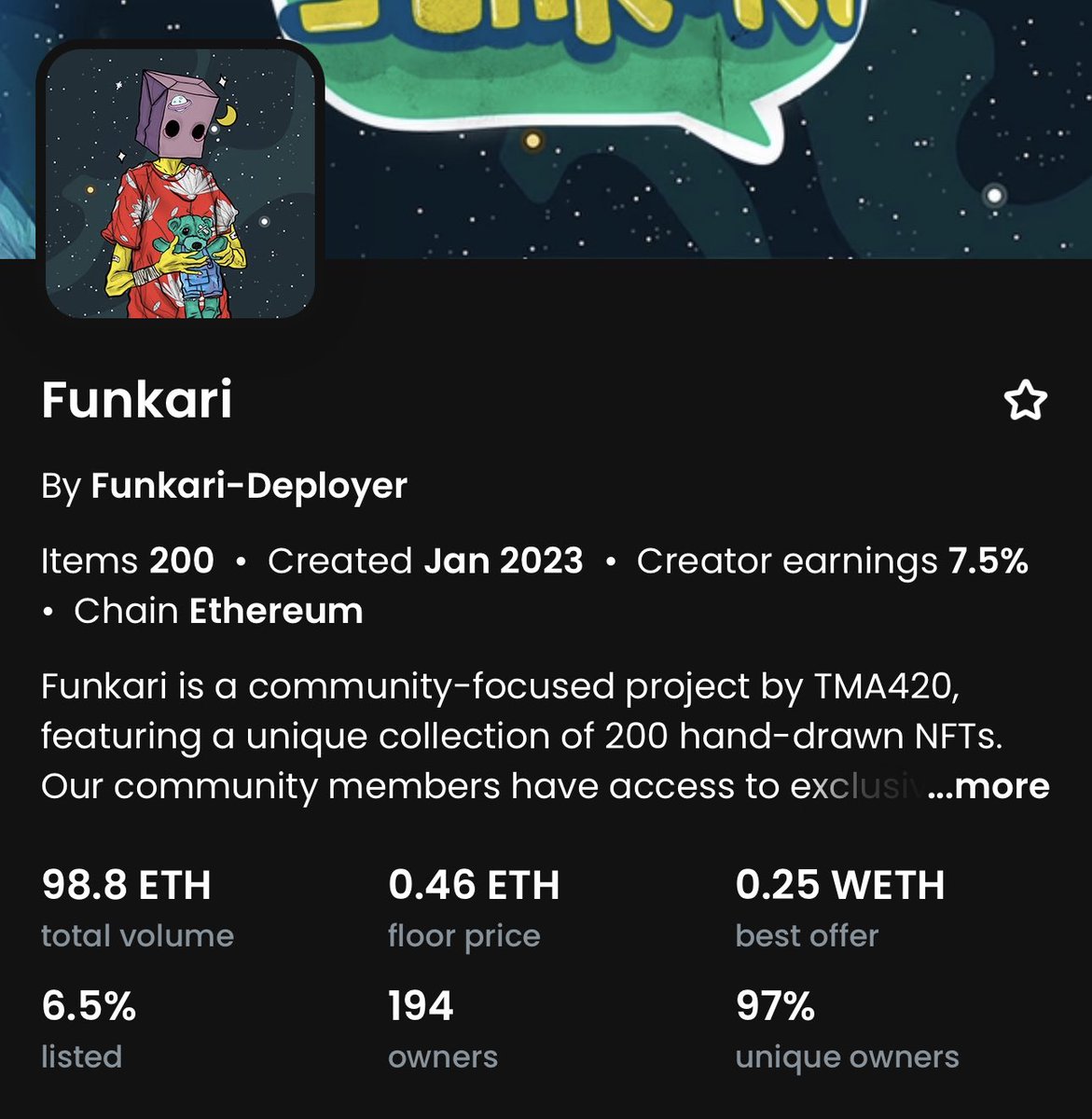 Tma_420's tweet photo. Just like many other collections, @FunkariNft is suffering from the bear effect too. This is the lowest the floor has been since mint. 

But floor doesn’t matter because we come here every single day to add value. My holders know the value we bring far exceeds this price point https://t.co/9VdICQG16m