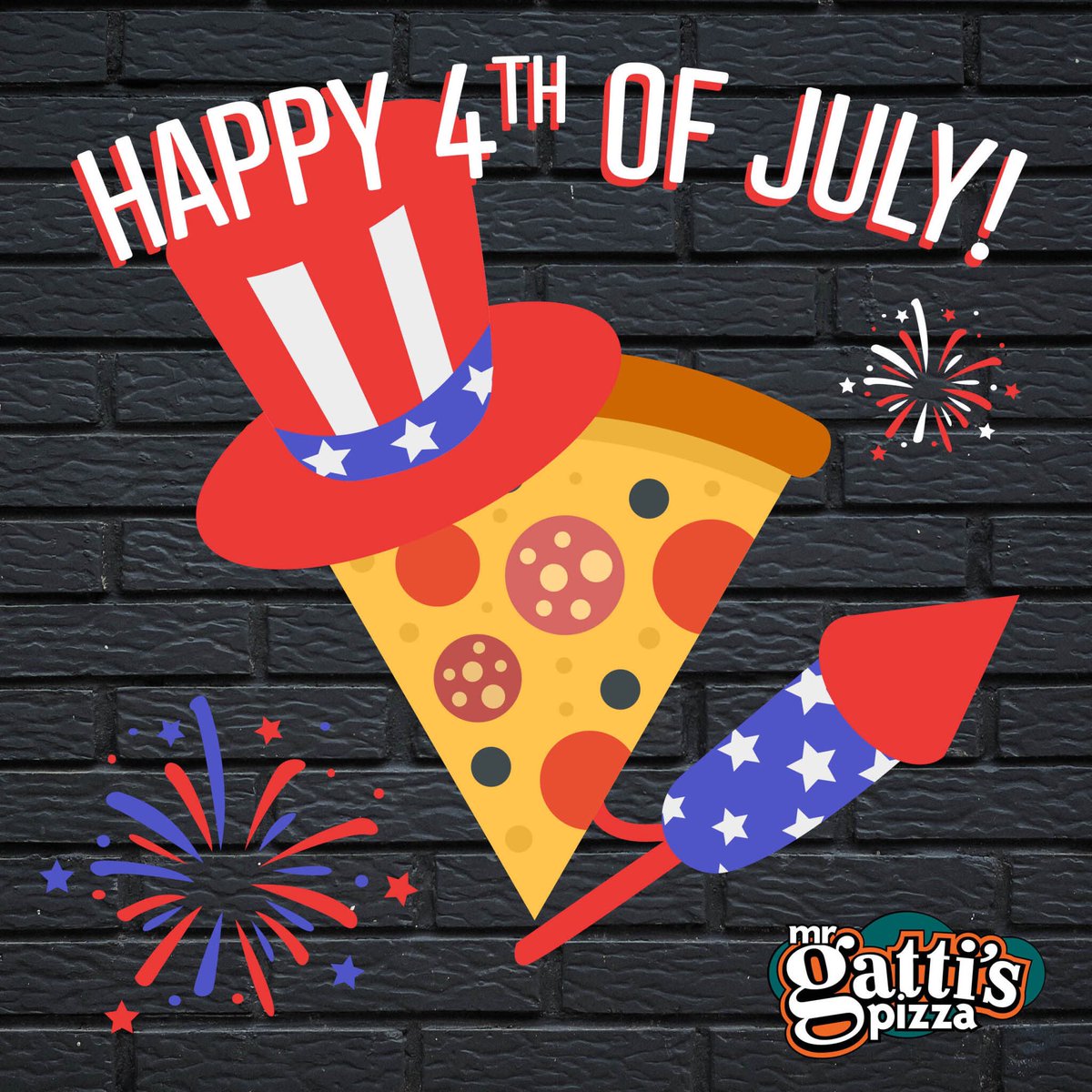 GattisMurray's tweet photo. We will be CLOSING today at 2pm for the holiday, so come out from 11am-2pm and have lunch with us! Have a safe and happy 4th from the Mr. Gatti’s team!! 🍕🎉🎆 https://t.co/ITekV7nmKg