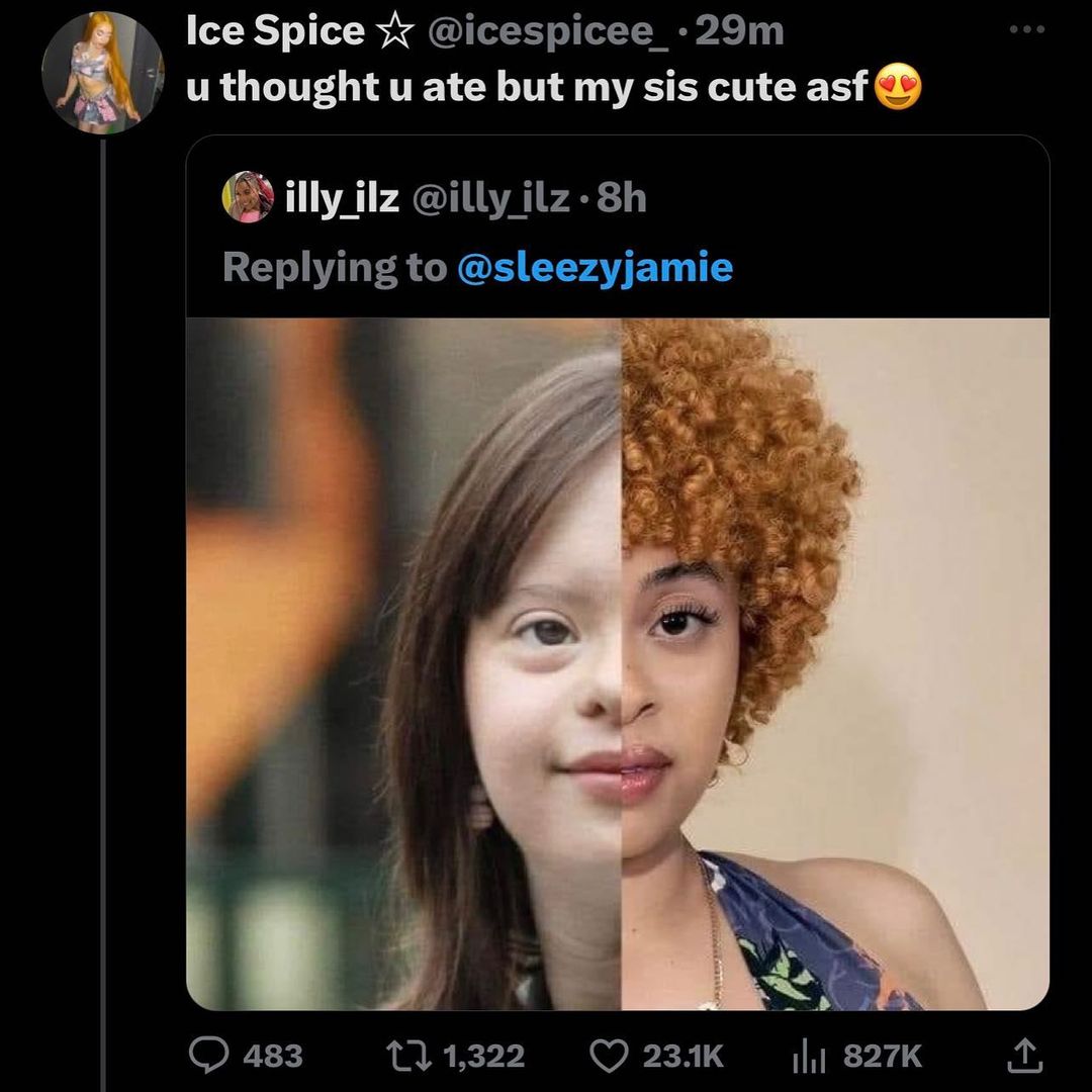 adulthood_tv's tweet photo. Ice Spice had to check a rude fan

#IceSpice responds to a fan who implies she looks like someone with Down syndrome.

Salute to everyone that's dealing with a disability 🖤 https://t.co/4lo0e1gkrW